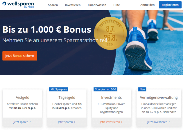 Der Weltsparen Bonus auf der Website von Weltsparen